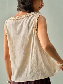 SoleilVie Áo tank top không tay dáng ôm màu mơ, áo thun tay ngắn viền ren, thích hợp cho các buổi tiệc sang trọng và kỳ nghỉ, mùa xuân/hè. - Màu be - Xem 2