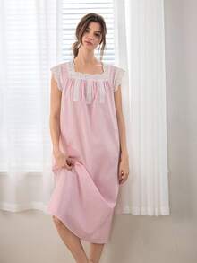 Ocili 100% Cotton Soft & Comfortable Ruffled Bowknot Nightgown Sleepwear For Women - Pink - View 2