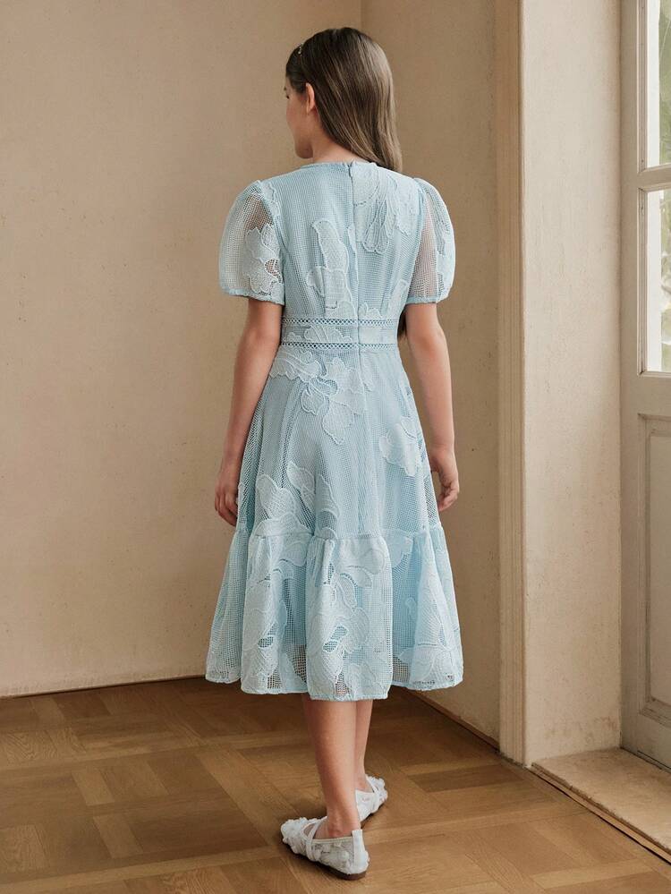 Summer Blue Hollow Out Petal Sleeve Midi Dress For Girls