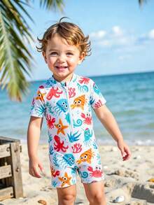 SHEIN 幼儿男童卡通海龟印花连体短袖泳衣，夏季海滩度假，游泳池，婴儿男童泳装 - 彩色 - 查看 6