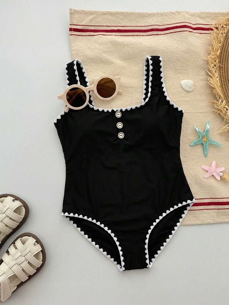 Tween Girls' Summer Vacation Beach & Pool Button Decor One-Piece Swimsuit