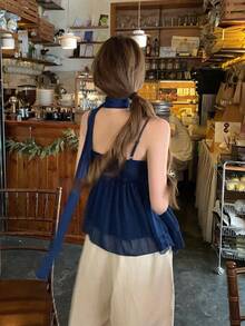 DAZY Áo camisole nữ màu trơn buộc dây kiểu dáng thường ngày với viền bèo nhún kiểu Hàn Quốc. - Màu xanh lam - Xem 2