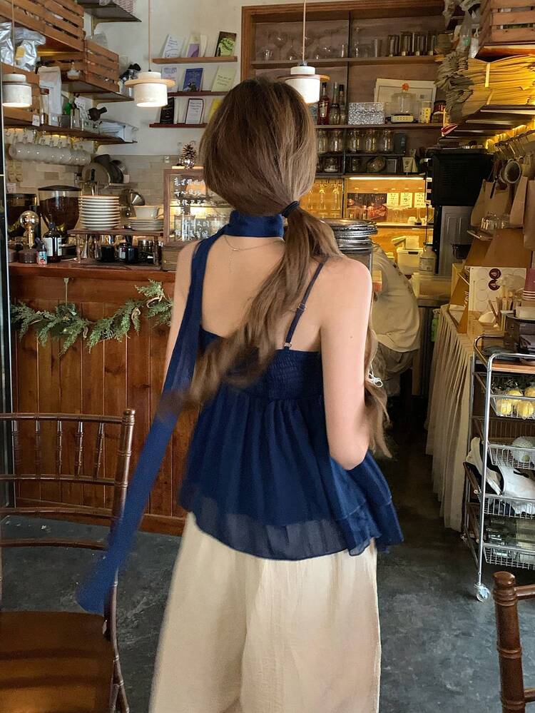 Women's Solid Color Tie-Up Casual Camisole With Korean Style Ruffle Trim