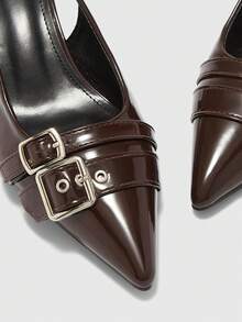 CUCCOO BIZCHIC CUCCOO Women's Fashion High Heel Pointed Toe Coffee Brown Patent Leather Metal Buckle Commuter Pumps - Coffee Brown - View 5