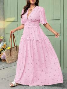 Vionelle Plus Size French Style Casual Striped Print Spring/Summer Regular Dress Vacation Pink - Pink - View 5