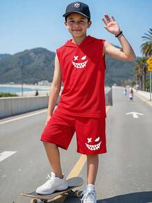 Bộ 2 món đồ chơi trẻ em trai tuổi teen, họa tiết mặt cười, kiểu dáng rộng rãi, áo hoodie và quần short, phong cách thường ngày. - Đỏ - Xem 2