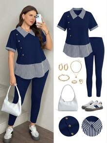 SHEIN LUNE Plus Size Women 2 Pieces Set: Button-Up Striped Blouse And Skinny Pants - Royal Blue - View 1