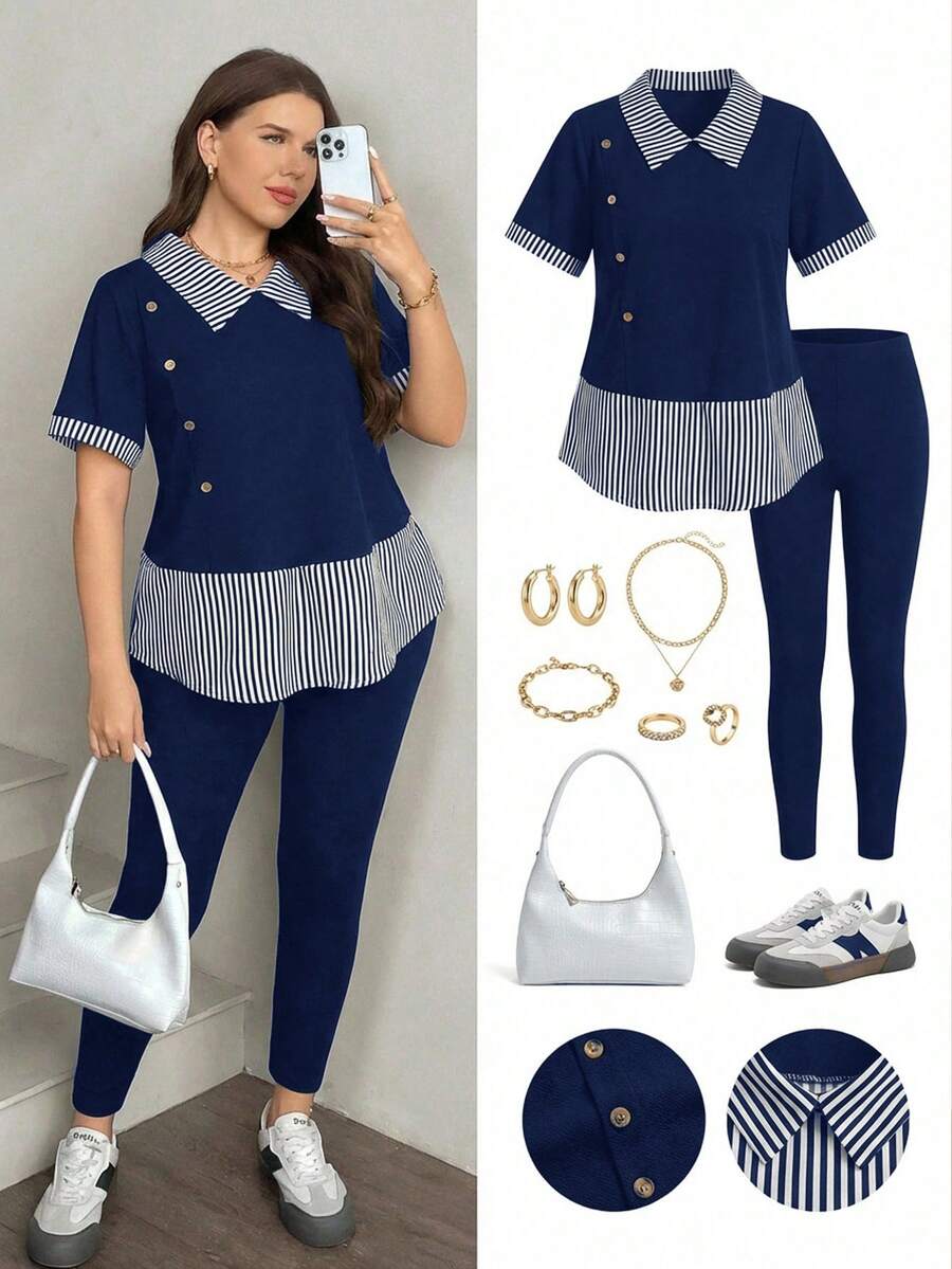 SHEIN LUNE Plus Size Women 2 Pieces Set: Button-Up Striped Blouse And Skinny Pants - Royal Blue - View 1