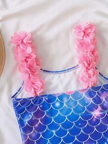 SHEIN Babygirl Cute Summer Casual Knit Colorblock Camisole Romper Swimsuit - Blue - View 3