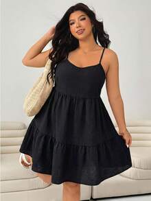 SHEIN EZwear 大码女士休闲黑色荷叶边吊带连衣裙 - 黑色 - 查看 1