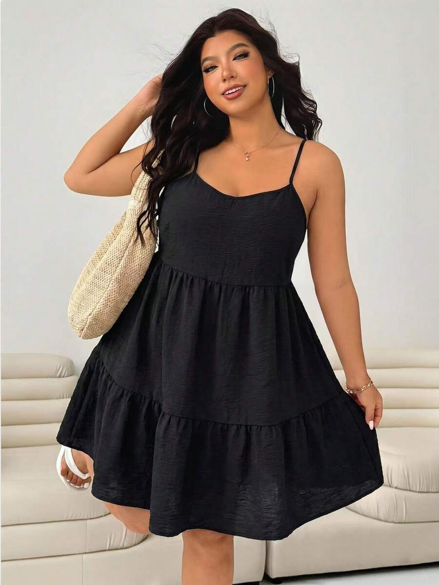 SHEIN EZwear 大码女士休闲黑色荷叶边吊带连衣裙 - 黑色 - 查看 1