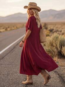 LanaWest Robe d'été décontractée pour femmes, col V, épaules dénudées, manches courtes, torsadée à la taille, plissée, pour vacances, couleur rouge vin - Rouge foncé - Voir 7