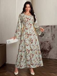 Al Najma Đầm dài tay buộc dây in hoa toàn thân kiểu Ả Rập, kiểu dáng maxi Kaftan Jalabiya dáng chữ A thanh lịch, thích hợp cho tiệc tối/đám cưới/kỷ niệm. - Màu vàng - Xem 4
