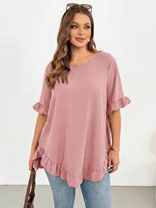 Shapeblank Women's Plus-Size Dusty Pink Summer Casual Everyday Shirt,Fashionable Loose Comfortable Ruffled Short-Sleeved Curve Cute Tops,Women Blouse - Dusty Pink - View 4