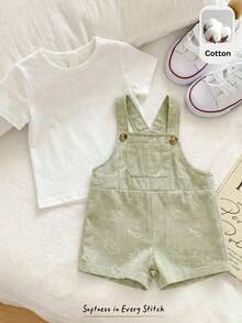 Cozy Pixies 2 peças/Conjunto Menino/Menina Bebê Estilo Coreano Casual de Verão Camiseta de Manga Curta Cor Sólida + Shorts Suspensórios com Estampa Fofa de Dinossauro, Conjunto de 2 Peças, Adequado para Uso na Primavera/Verão - Multicolorido - Visão 5