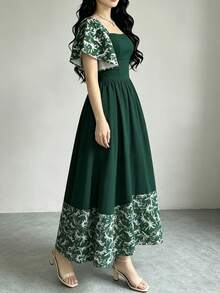 Vestido midi de manga corta con cuello cuadrado y estampado floral, vestido de longitud media con cintura ceñida, vestido largo con estampado floral en negro - Multicolor 12 - Ver 3
