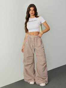 SHEIN Tall 女士夏季基本款条纹阔腿运动裤 - 卡其色 - 查看 4