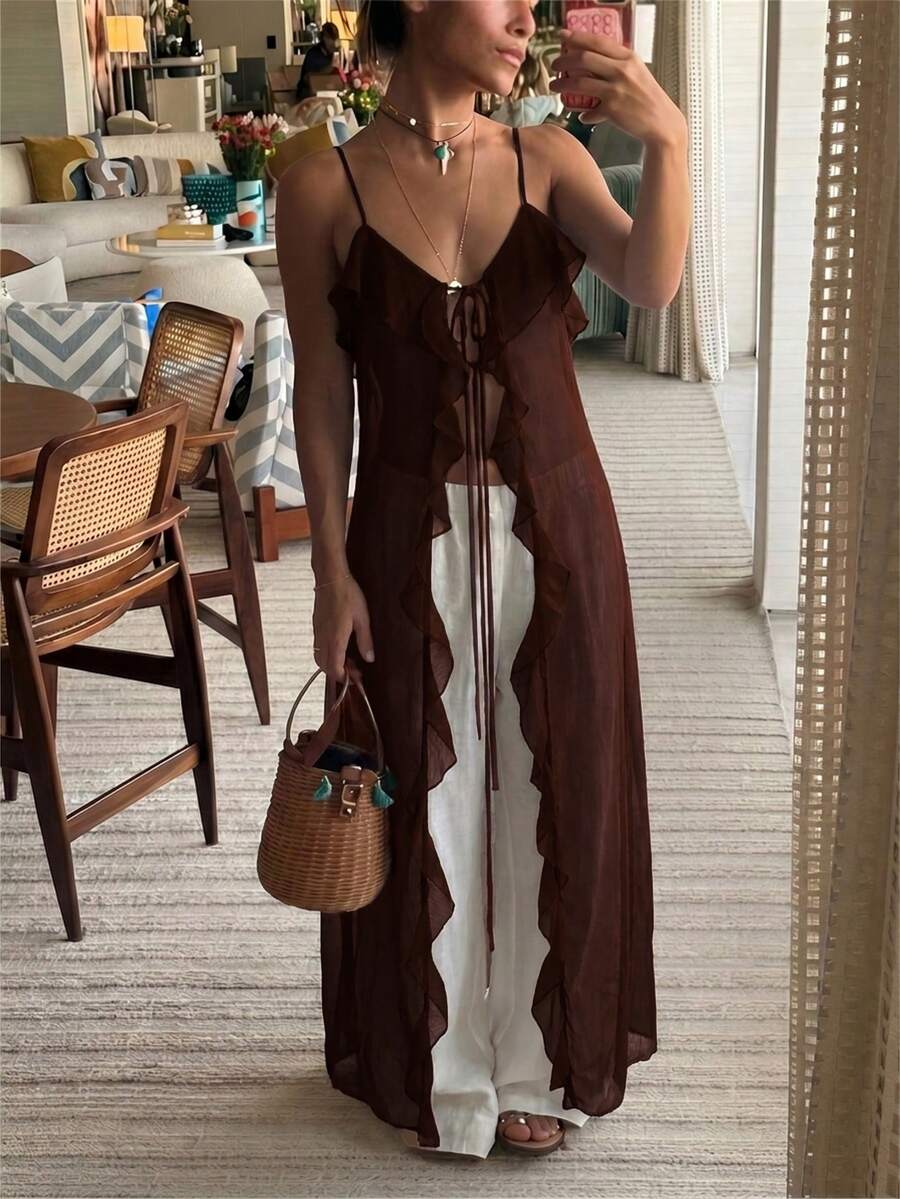 Aloruh Women's Sexy Bohemian Style Solid White Sheer Extra Long Blouse, Women's Music Festival Top,Summer Top - Coffee Brown - View 1
