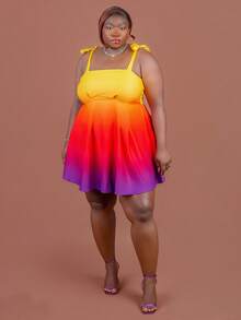 CurvyTilda Plus Size Women Sunset Gradient Print Spaghetti Strap Tie-Up Short Dress, Yellow Gradient Orange Holiday Dress Party, For Hourglass Body Shape - Multicolor - View 7