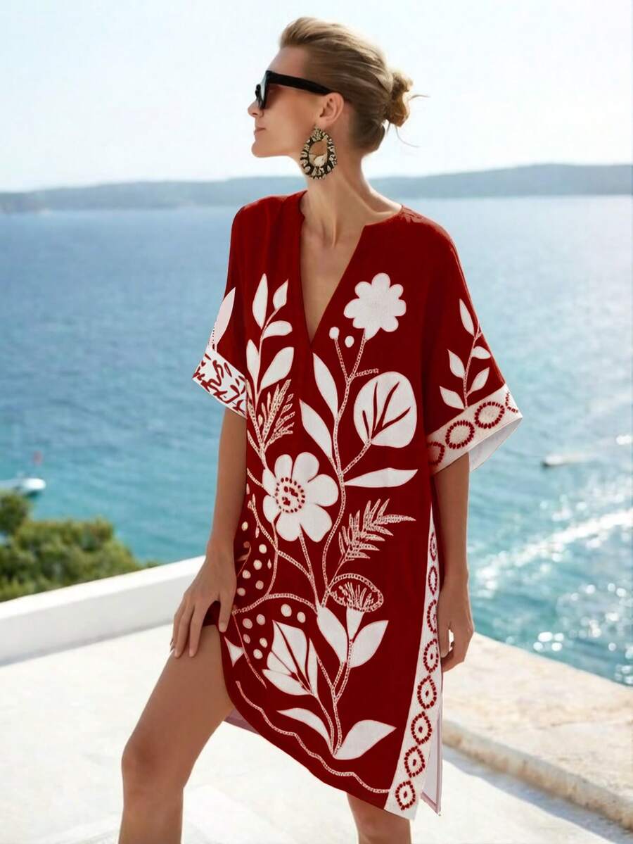 SHEIN Holidaya 简约米色和黑色花卉印花V领短袖宽松A字连衣裙,适合工作和休闲场合,版型修身,花卉图案装饰 - 酒紅色 - 查看 1