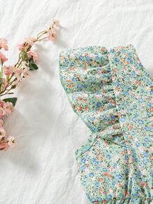 SHEIN Elladie kids 2025夏季新款女童碎花荷葉袖V領收腰露背A字洋裝，鄉村風時尚少女裙 - 彩色 - 查看 4