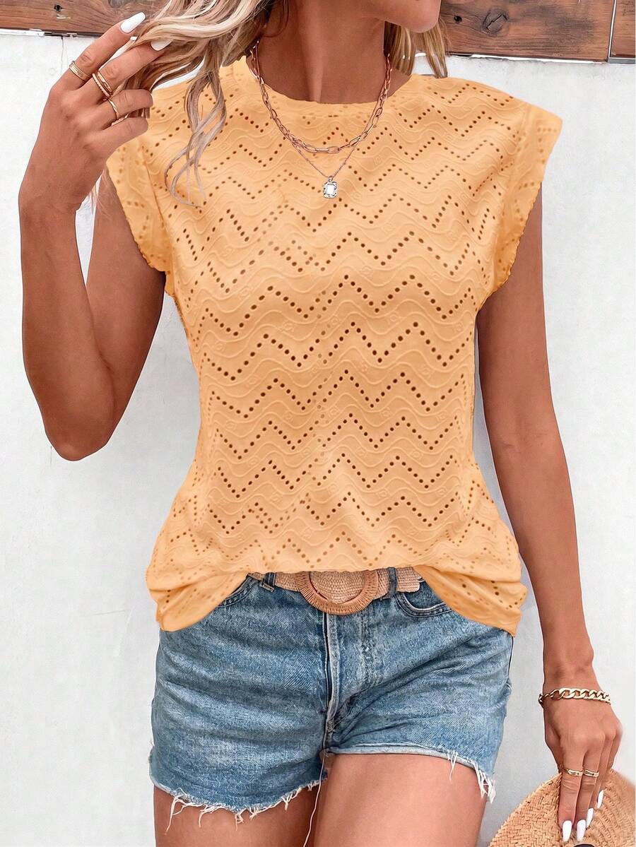 EMERY ROSE Summer Casual Boho Solid Color Textured Wide Shoulder T-Shirt Vacation Burnt Orange - Orange - View 1