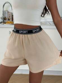 DAZY Quần short nữ thoải mái, chất liệu dệt kim, có in chữ, thích hợp mặc ở nhà vào mùa hè. - Màu be - Xem 4