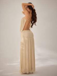SHEIN PETITE Đầm cúp ngực màu mơ mới dành cho nữ, trang phục mùa hè, thiết kế hở lưng, chi tiết xếp ly, đầm dài thướt tha, lớp vải voan mỏng bên ngoài. - Màu be - Xem 2