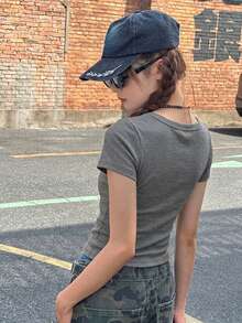 Dazy Kids Teen Girl Fitted Solid Color Short Sleeve T-Shirt Summer - Grey - View 7