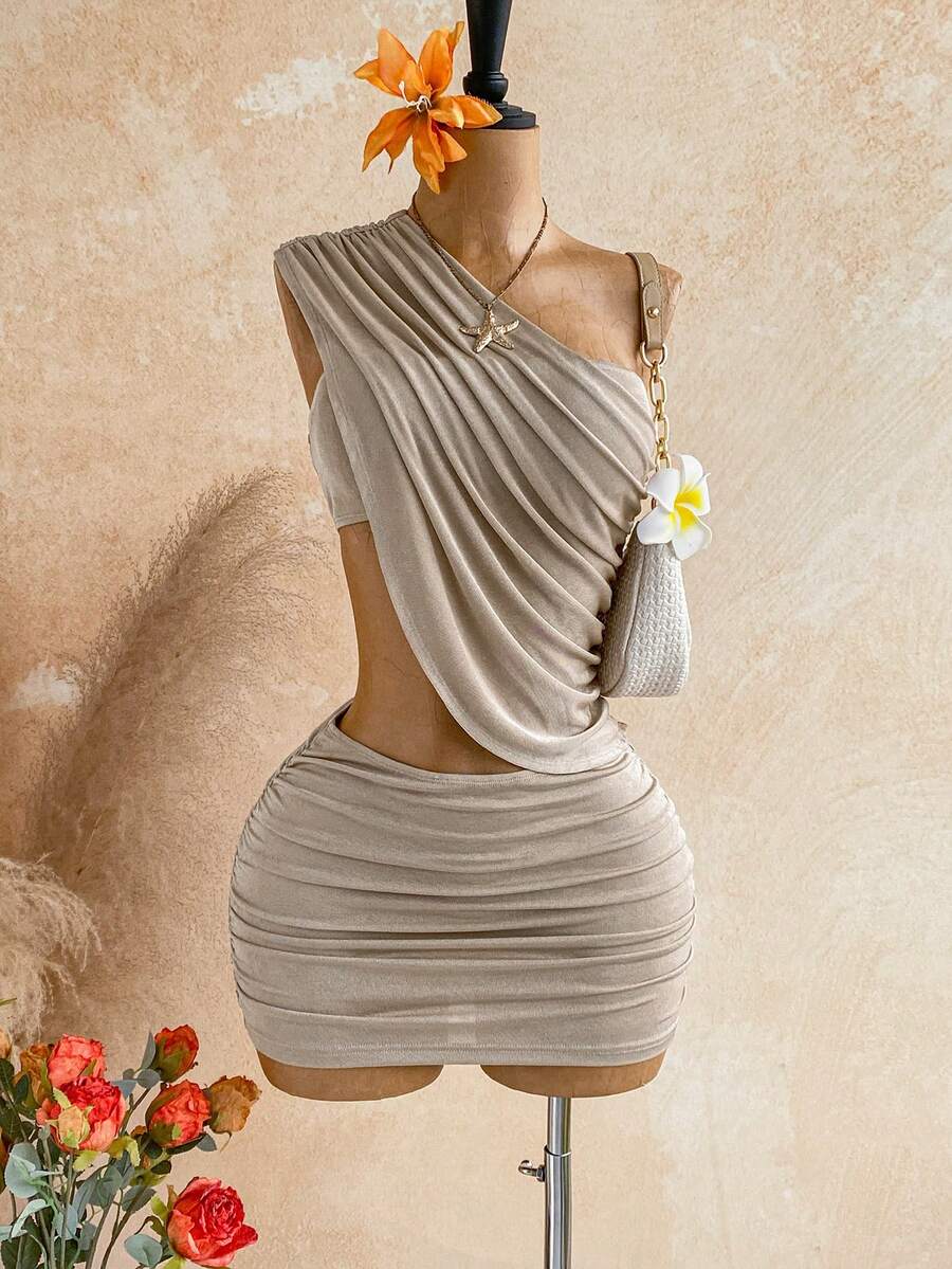 Soleia Women's Sleeveless Ruched Side Cutout Design Fashion Mini Dress,Dresses For Women Summer Vacation Night Out Beige Sexy Tropical - Khaki - View 1