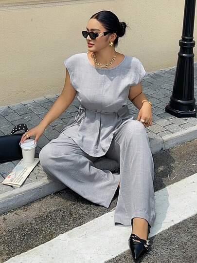 Dazy Plus 2pcs/Set Women Plus Size Solid Color Round Neck Drawstring Casual Top Shirt And Loose Pants, Light Blue, Spring/Summer