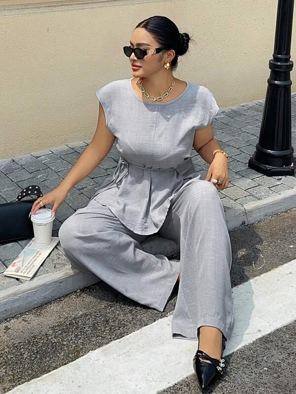 Dazy Plus 2pcs/Set Women Plus Size Solid Color Round Neck Drawstring Casual Top Shirt And Loose Pants, Light Blue, Spring/Summer