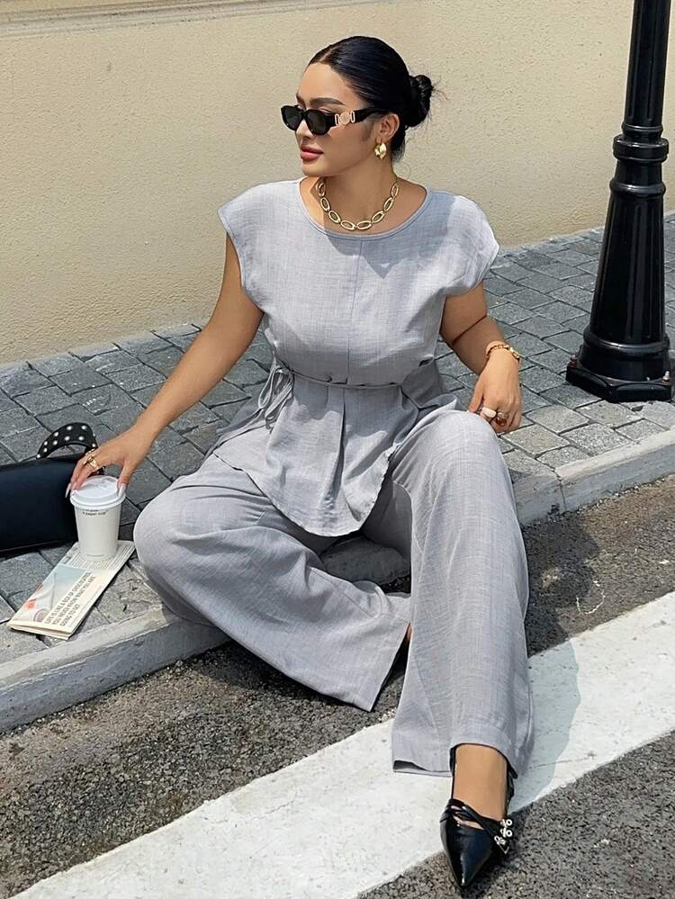 Dazy Plus 2pcs/Set Women Plus Size Solid Color Round Neck Drawstring Casual Top Shirt And Loose Pants, Light Blue, Spring/Summer