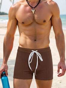 Manfinity Swimmode Men's Wide Ribbed Waistband Elastic Waist Minimalist Baggy Casual Summer Beach Pool Party Holiday Pool Swimming Trunks Holiday Coffee Brown - Brown - View 3