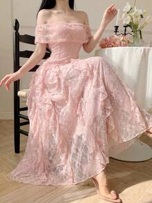 Modelyn Elegant Pink Floral Lace Off-Shoulder Ruffle Trim Waist Long Dress, Spring/Summer Party - Pink - View 6