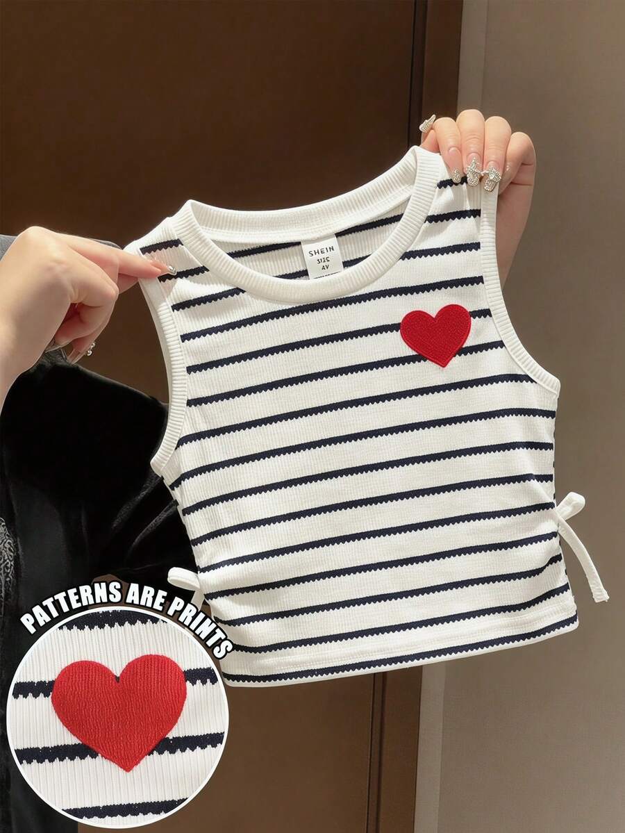 SHEIN Young Girl Knitted Striped Heart Pattern Round-Neck Tank Top,Soft White Summer Casual Camisole,Cute Back-To-School Sleeveless Top For Girls - Multicolor - View 1