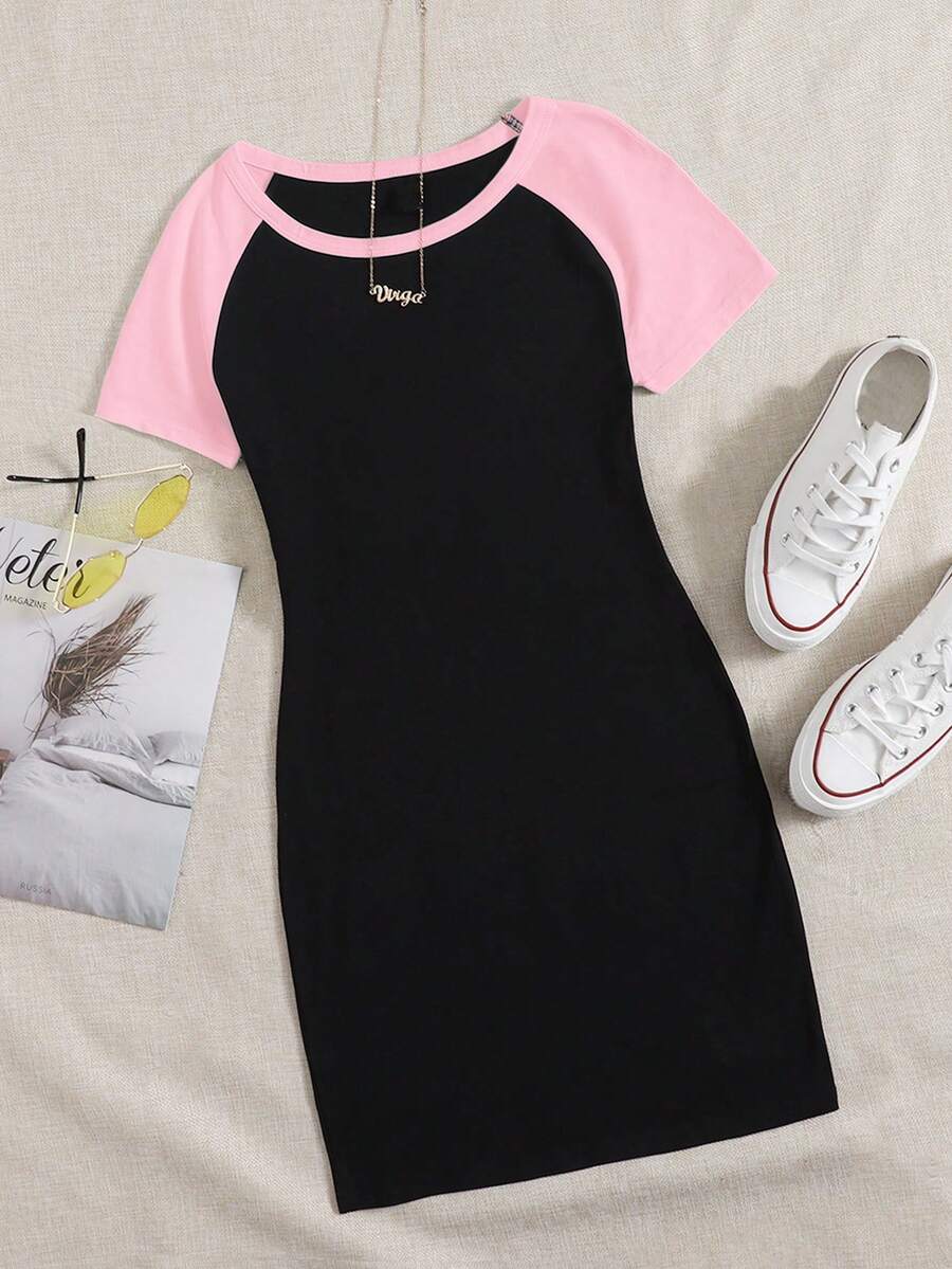 SHEIN EZwear Color Block Sleeve Bodycon Knit Dress - Multicolor - View 1