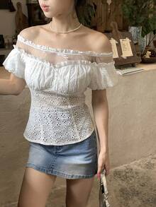 DAZY Women's Mesh Patchwork Hollow Out Embroidered Blouse - White - View 6