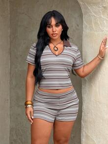 Rustia Plus Size 2pcs/Set Brown Polo Shirt And Shorts Set Casual Comfortable For Spring/Summer Gym - Brown - View 3