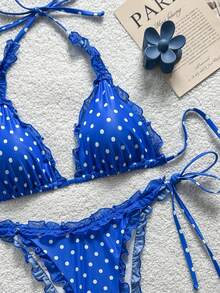 Swim Mod 两件式花卉印花网纱饰边挂脖比基尼套装，侧边系带泳裤，性感泳装 - 彩色 - 查看 6