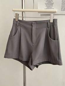 Pantalones cortos sólidos de mujer con bolsillos plisados, sueltos y versátiles - Gris - Ver 3