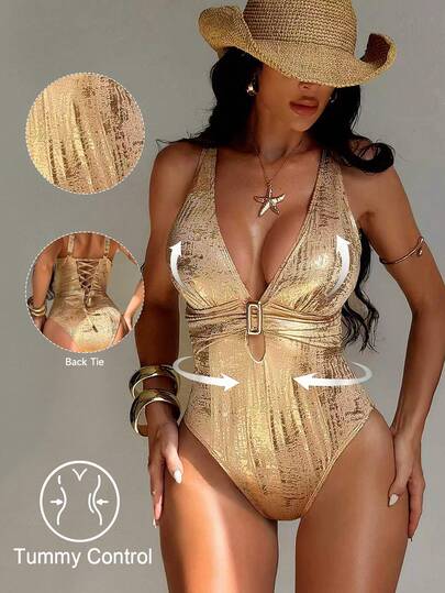 Shapewave Fashionable Sexy Bodycon Waist-Slimming Deep V-Neck Shiny Fabric One-Piece Swimsuit For Women, Summer