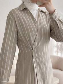 Solavon Women's Casual Commuter Striped Wrap Midi Dress - Khaki - View 6