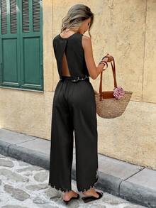 SHEIN Frenchy Bộ đồ 2 món dành cho nữ, thích hợp cho kỳ nghỉ, thêu hoa, gồm áo tank top và quần dài. - màu đen - Xem 2