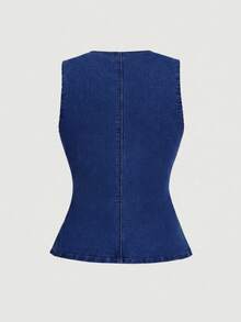SHEIN MOD Women's Metal Single-Breasted Denim Vest - Dark Wash - View 2