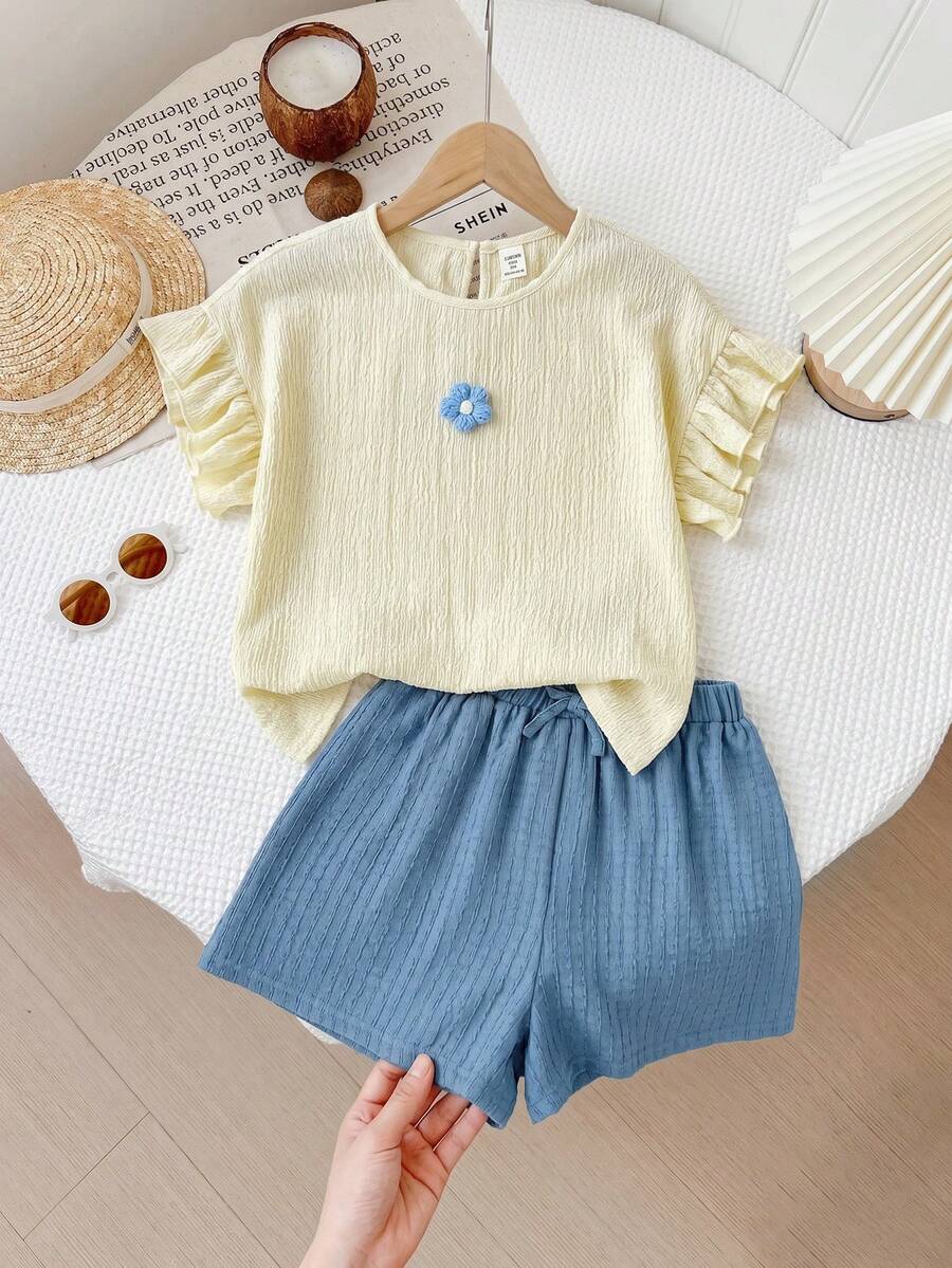 SHEIN Bộ 2 món áo thun và quần short dệt jacquard cho bé gái tuổi teen - Nhiều màu - Xem 1