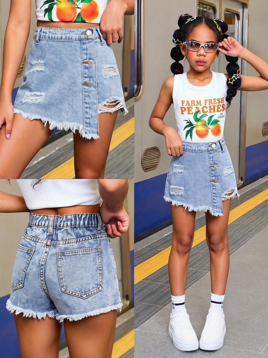 SHEIN 青少年女孩夏季休閒淺色水洗時尚破洞毛邊原色藍色牛仔短裙褲,女孩春假、電音節慶與日常穿著,夏季假期與日常街頭穿搭,夏季波希米亞海灘音樂會電音節慶,夏季可愛短褲,夏季假期,春季,海灘,度假休閒女孩,情人節,適合春夏季,季節復古/海灘/海洋/優雅畢業,節慶 - 淺色水洗藍 - 查看 1
