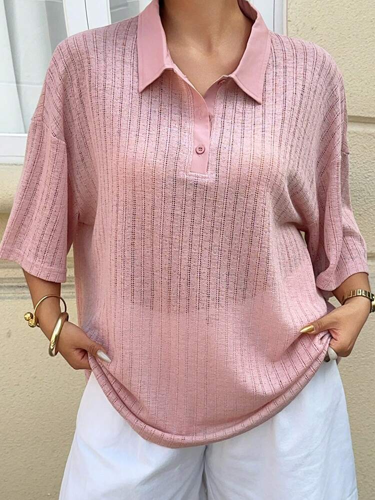 Dazy Plus Plus Size Women Loose Casual Solid Color Short Sleeve Polo Collar T-Shirt, Spring/Summer