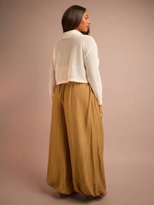 FASHION SZN 加大码宽松休闲灯笼裤，弹力腰带，宽松版型，夏季度假穿搭，城市短途旅行必备，带口袋，中腰设计 - 棕色 - 查看 2