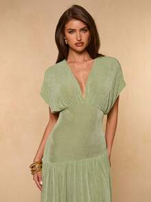SHEIN BAE Green Ruffle V-Neck High Slit Dress, Elegant Women's Summer Dress - Green - View 6